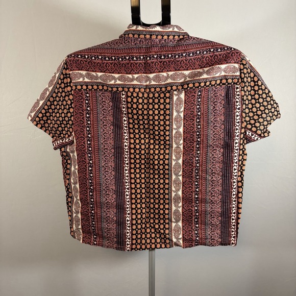 Rachel Zoe Medium 100% Linen Boho Aztec Short Sleeve Button Up Blouse Indie Top - Picture 2 of 9